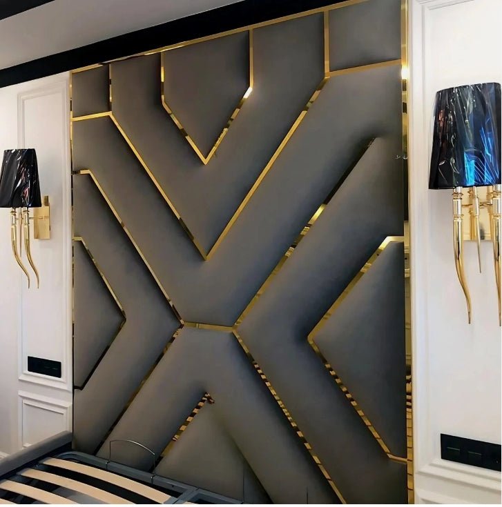 Wall Mounted Headboard 60" Panel Gold Trim With Complete Bed - Blissful Beds