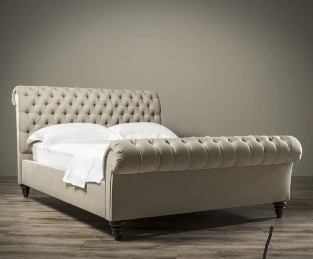 Royal Sleigh Bed Scroll Frame Upholstered Chesterfield Bed With Headboard - Blissful Beds