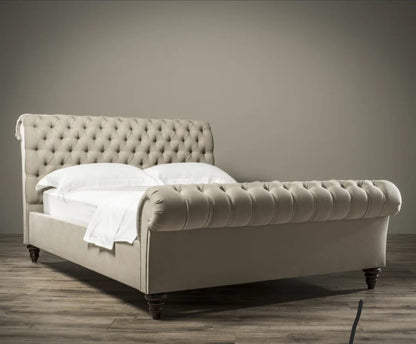 Royal Sleigh Bed Scroll Frame Upholstered Chesterfield Bed With Headboard - Blissful Beds