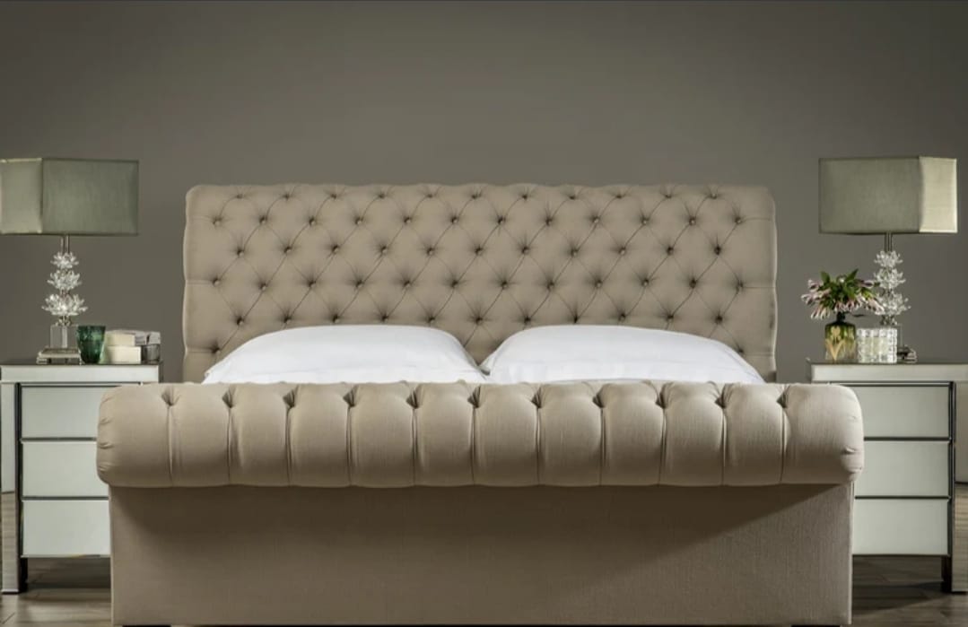 Royal Sleigh Bed Scroll Frame Upholstered Chesterfield Bed With Headboard - Blissful Beds