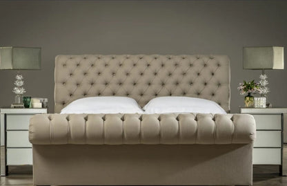 Royal Sleigh Bed Scroll Frame Upholstered Chesterfield Bed With Headboard - Blissful Beds