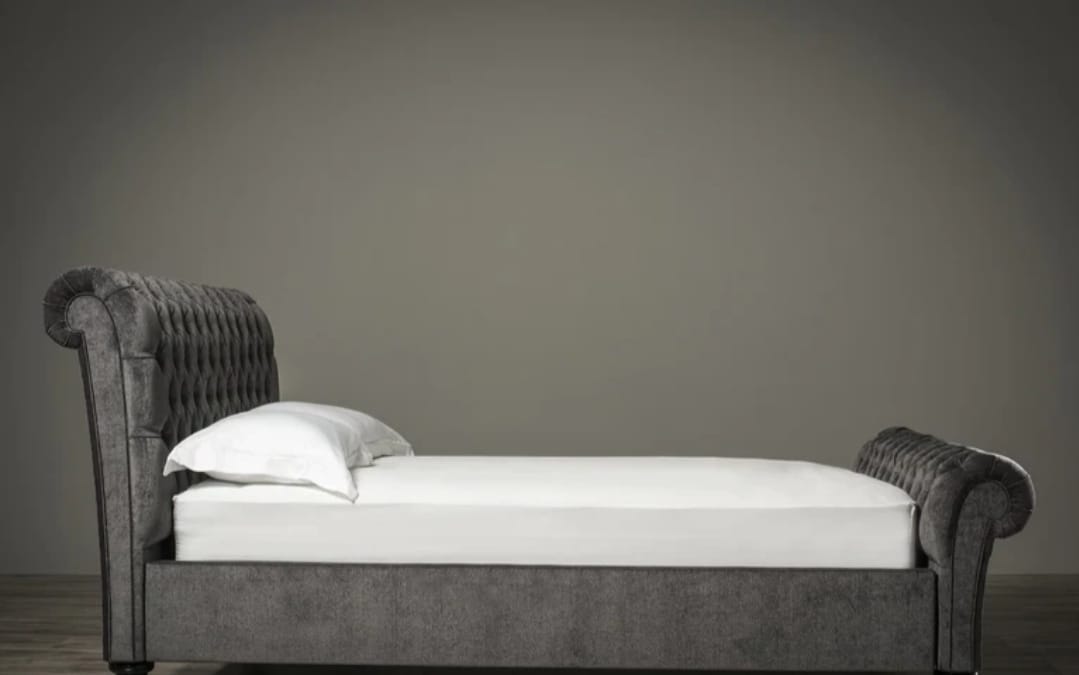 Royal Sleigh Bed Scroll Frame Upholstered Chesterfield Bed With Headboard - Blissful Beds