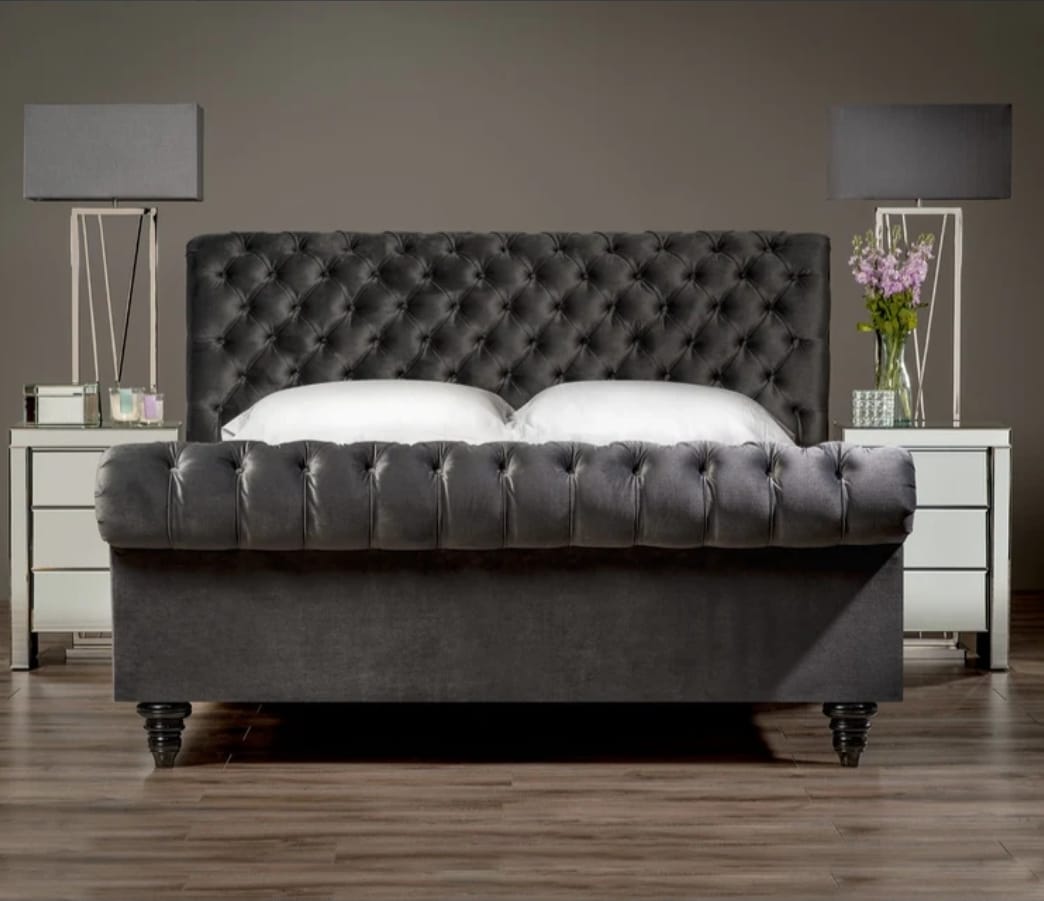 Royal Sleigh Bed Scroll Frame Upholstered Chesterfield Bed With Headboard - Blissful Beds