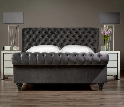 Royal Sleigh Bed Scroll Frame Upholstered Chesterfield Bed With Headboard - Blissful Beds