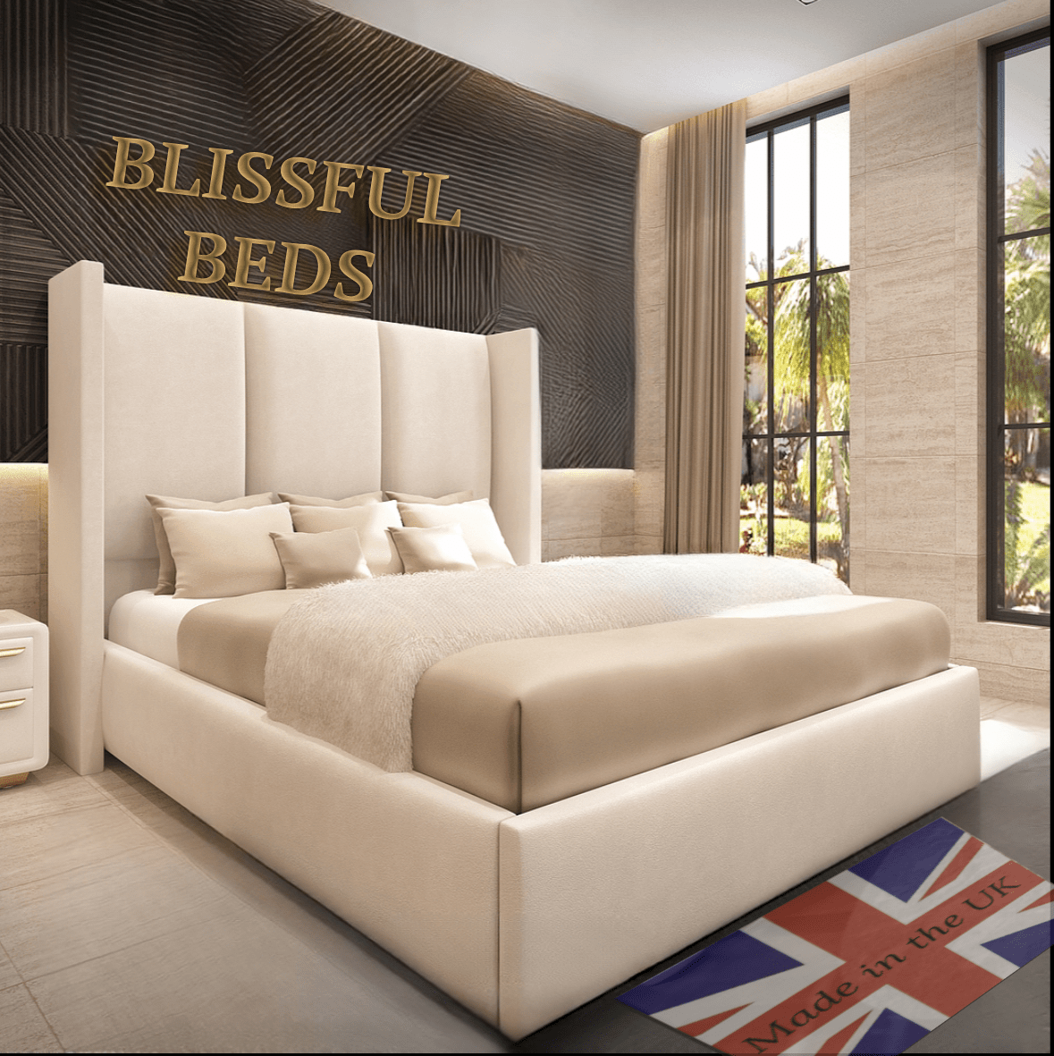 Thames Triple Wingback Bundle (Bed + Ottoman Storage + Mattress) - Blissful Beds