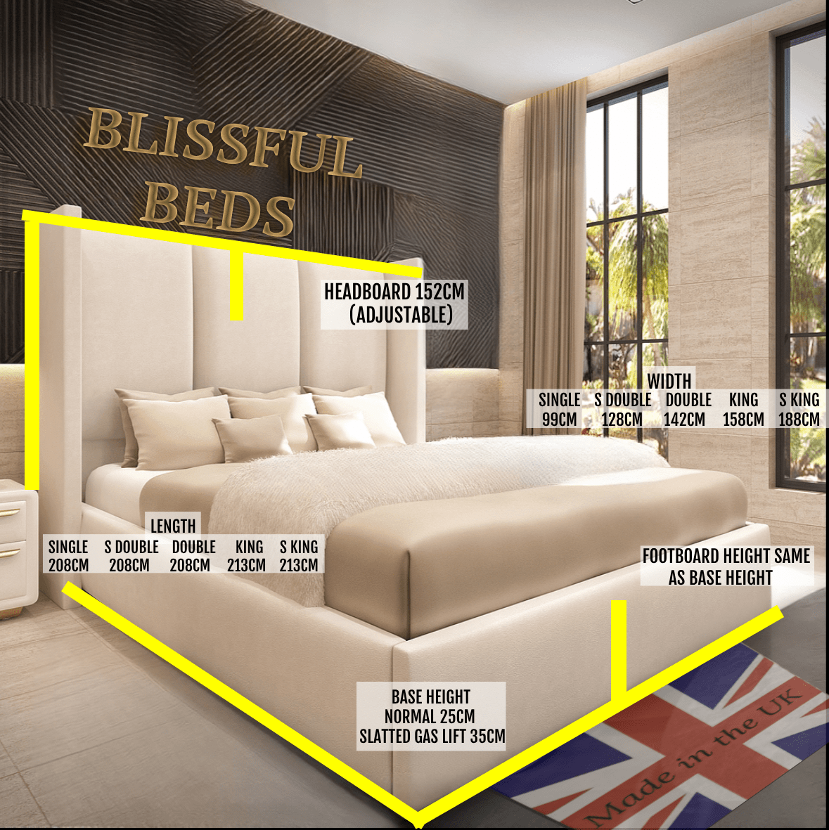 Thames Triple Wingback Bundle (Bed + Ottoman Storage + Mattress) - Blissful Beds
